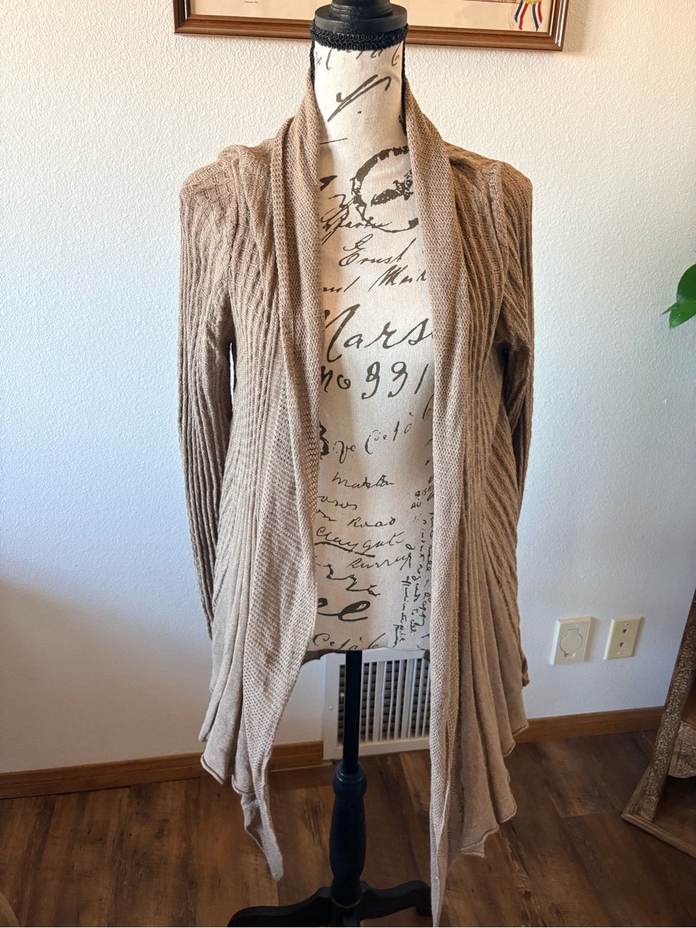 Max Studio Beige Open-Front Cable Knit Draped Cardigan